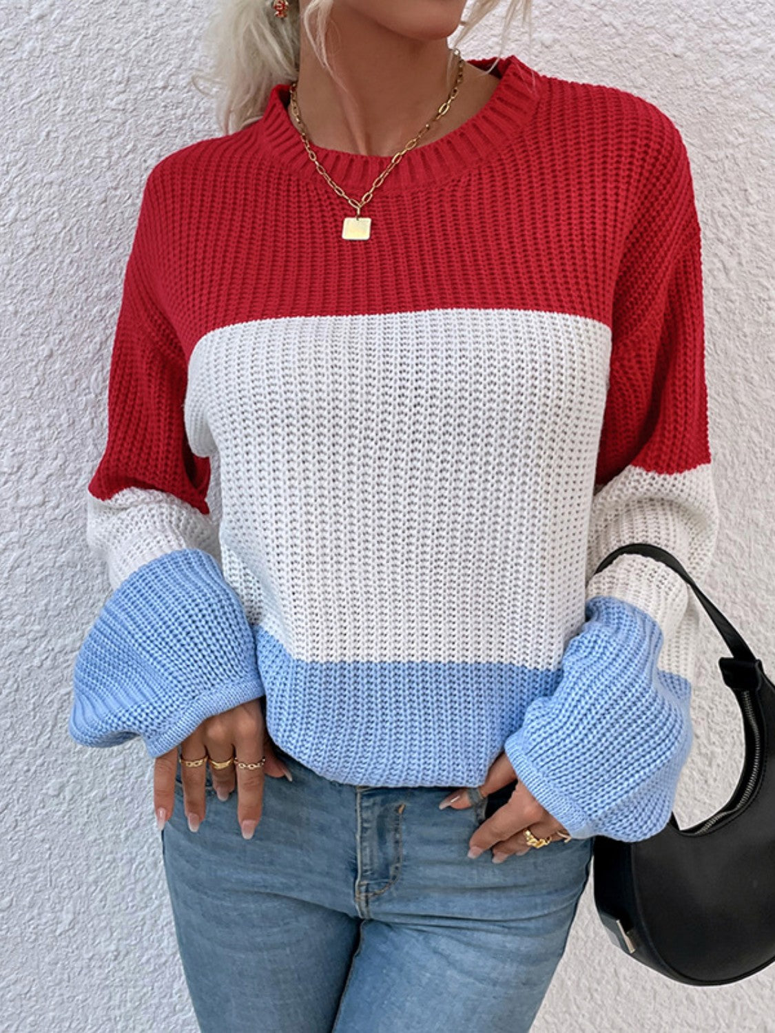 Color Block Round Neck Sweater-Angel Casuals