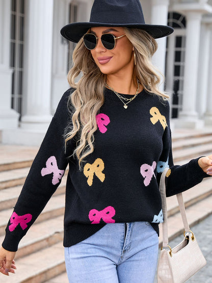 Angel Wings Bow Graphic Round Neck Long Sleeve Sweater-Angel Casuals