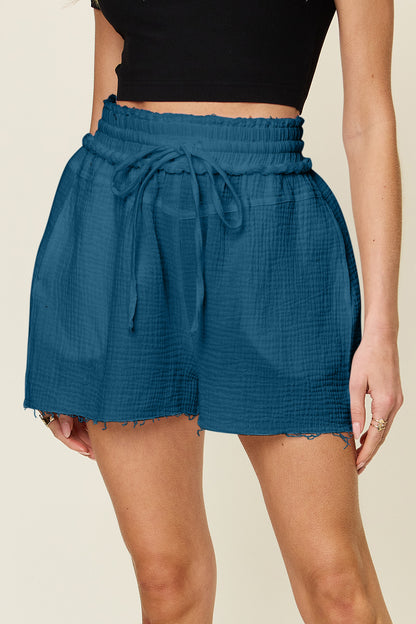 Double Take Full Size Texture Raw Trim Drawstring Shorts-Angel Casuals