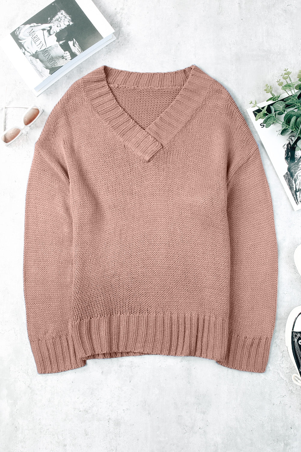 V-Neck Dropped Shoulder Sweater-Angel Casuals