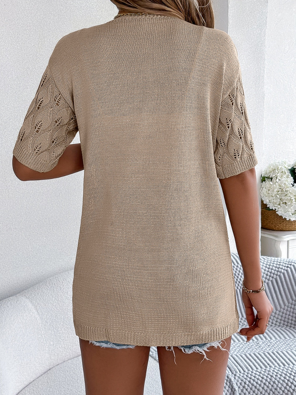 Openwork Open Front Short Sleeve Cardigan-Angel Casuals