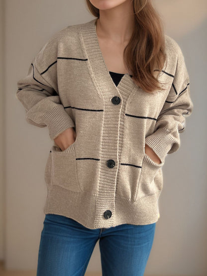 Striped Button Down V-Neck Long Sleeve Cardigan-Angel Casuals