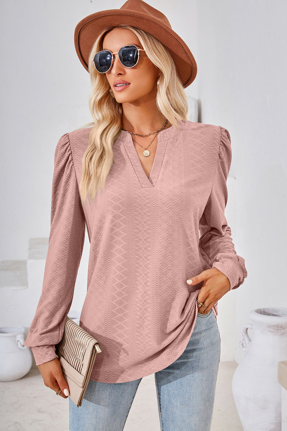 Notched Long Sleeve T-Shirt-Angel Casuals