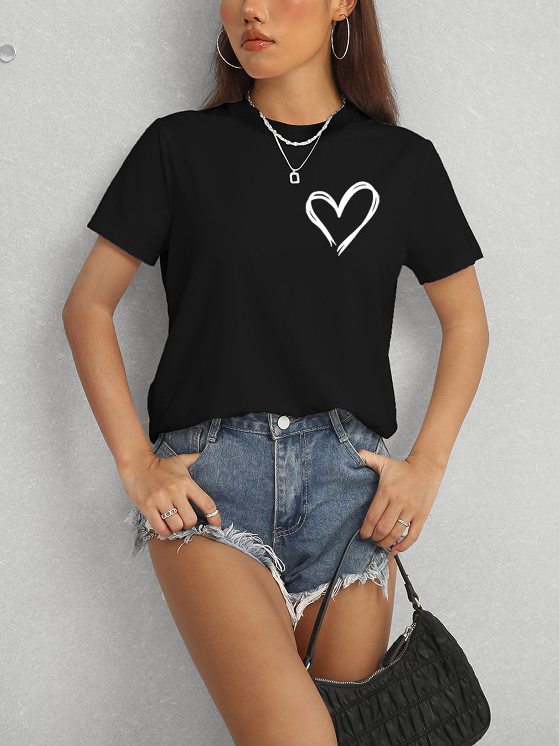 Heart Round Neck Short Sleeve T-Shirt-Angel Casuals