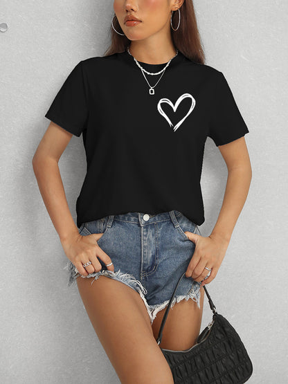 Heart Round Neck Short Sleeve T-Shirt-Angel Casuals