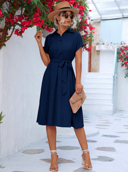 Buttoned Tie Waist Short Sleeve Dress-Angel Casuals