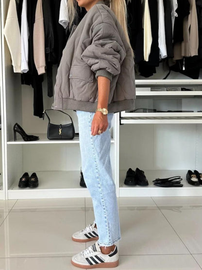 Baseball Collar Snap Down Long Sleeve Jacket-Angel Casuals