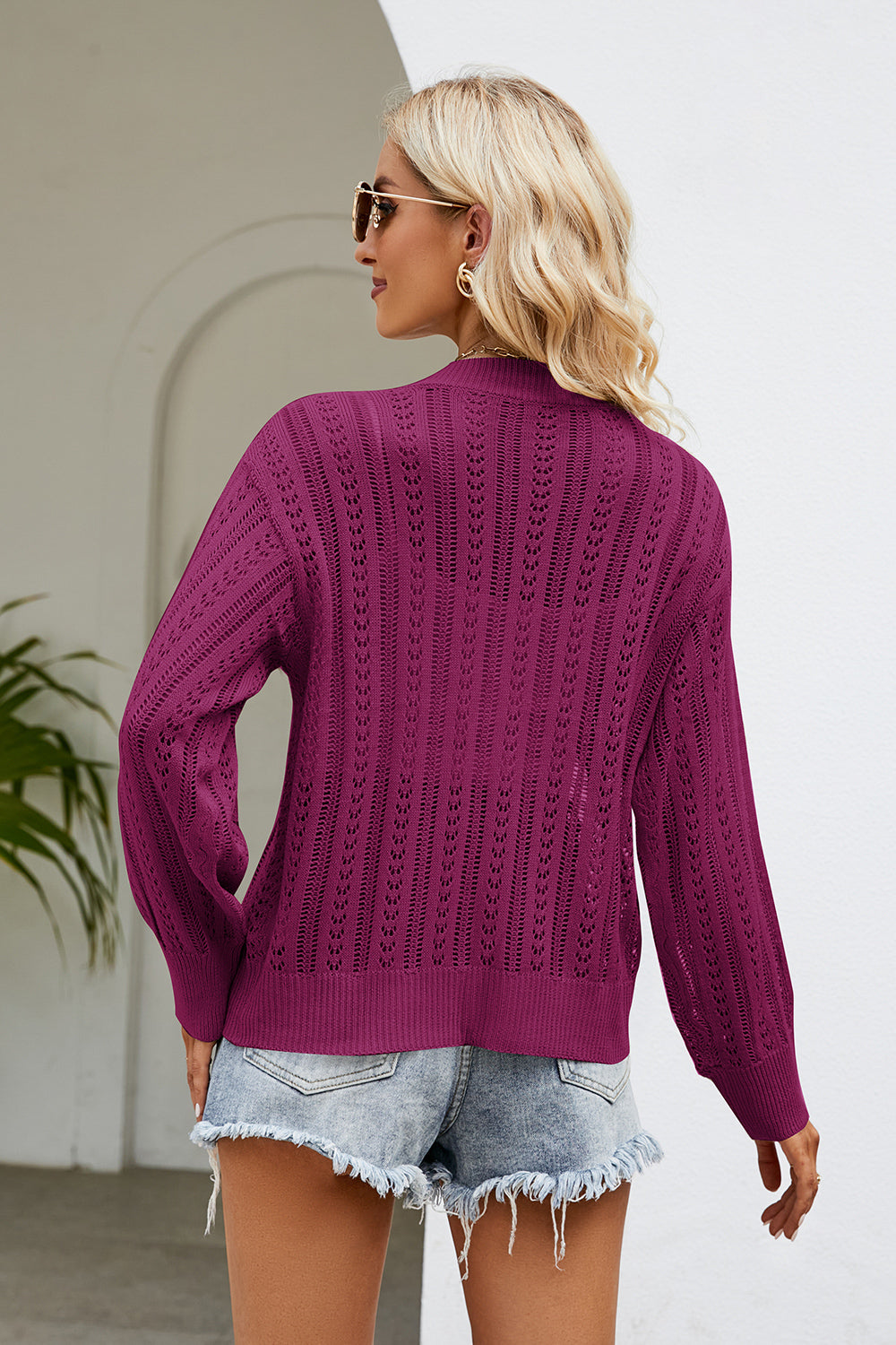 Openwork Button Front V-Neck Cardigan-Angel Casuals