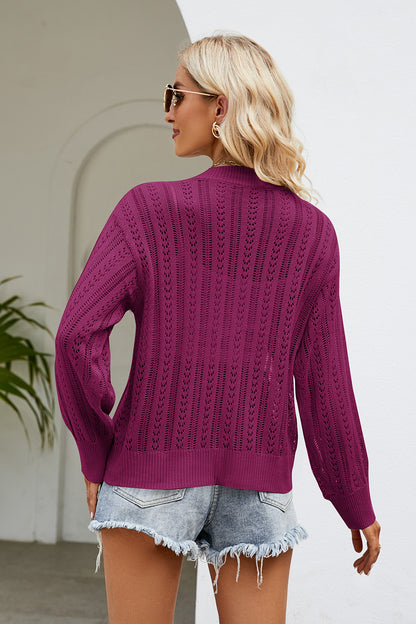 Openwork Button Front V-Neck Cardigan-Angel Casuals