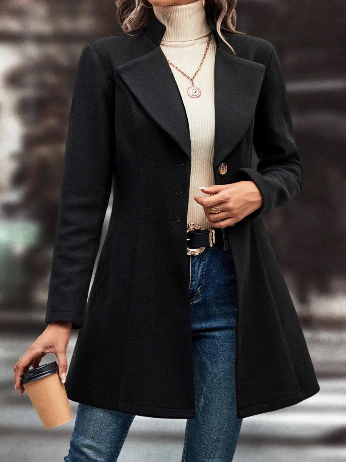 Collared Neck Long Sleeve Longline Coat-Angel Casuals