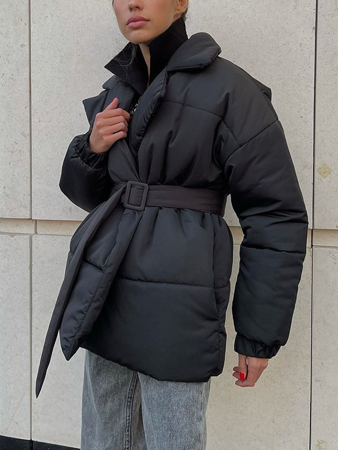 Puffer Long Sleeve Winter Coat with Belt-Angel Casuals