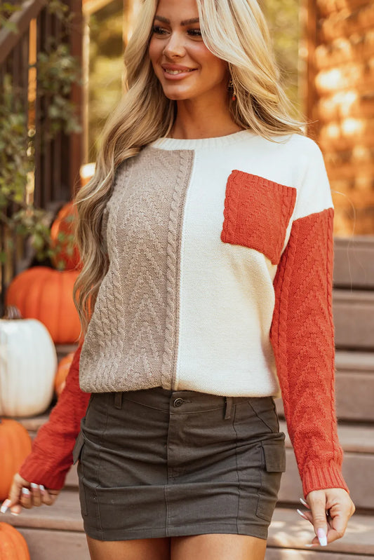 Color Block Round Neck Long Sleeve Sweater-Angel Casuals