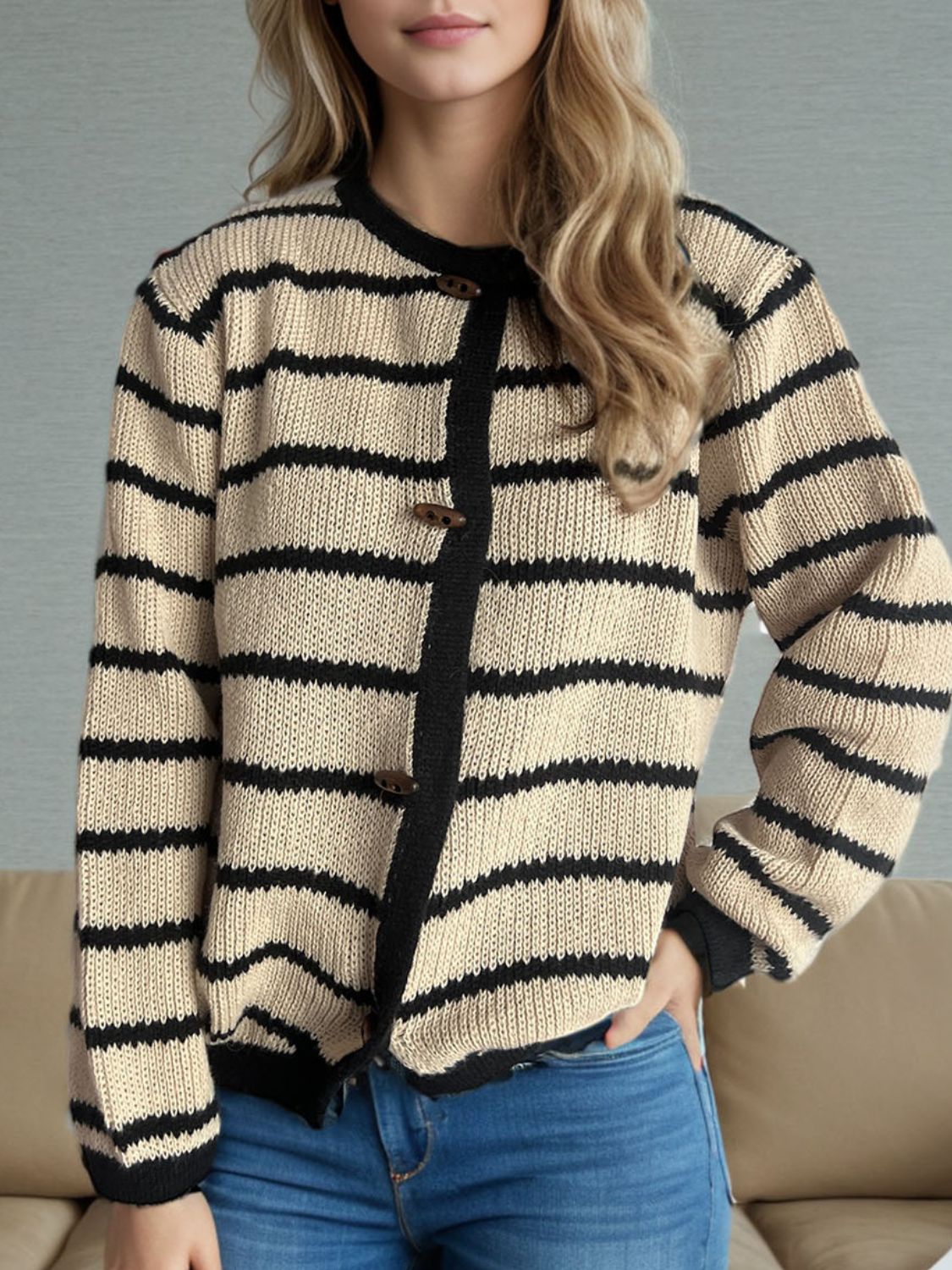 Striped Round Neck Long Sleeve Cardigan-Angel Casuals