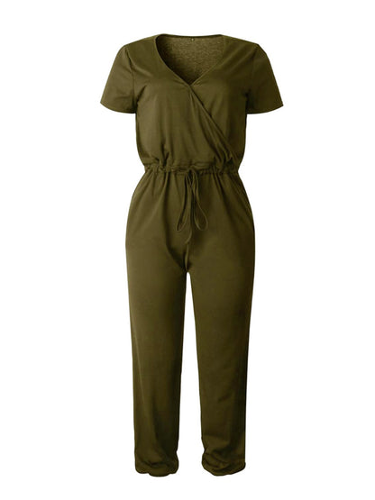 Drawstring Surplice Short Sleeve Jumpsuit-Angel Casuals