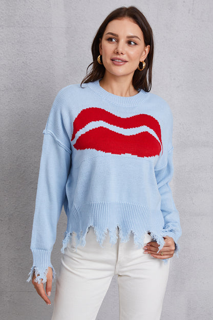 Lip Fringe Round Neck Sweater-Angel Casuals