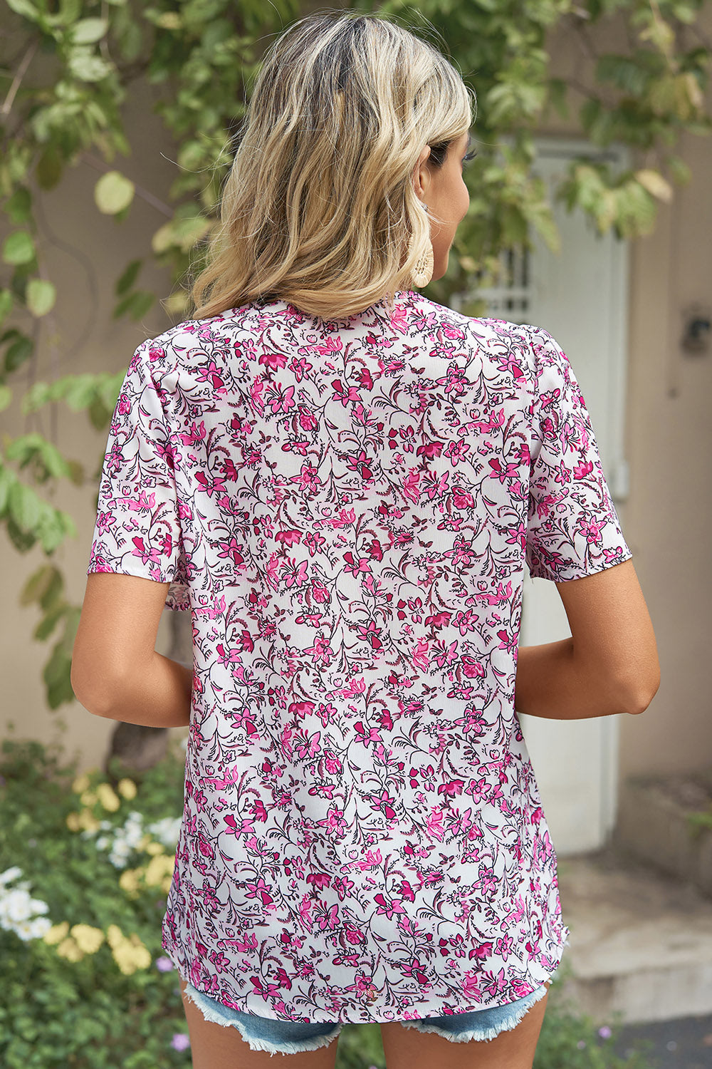 Floral V-Neck Short Sleeve T-Shirt-Angel Casuals