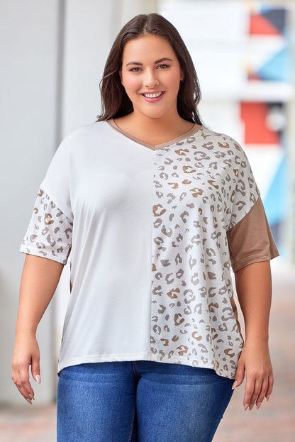 Plus Size Leopard V-Neck T-Shirt-Angel Casuals