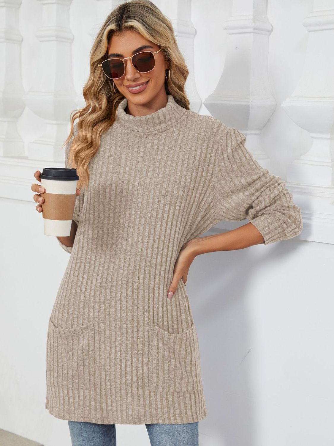 Ribbed Mock Neck Long Sleeve T-Shirt-Angel Casuals