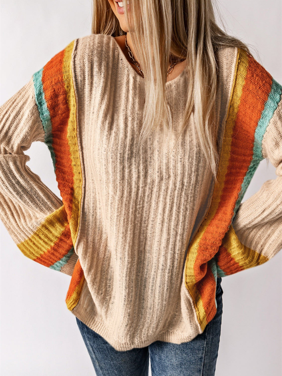 Striped Round Neck Long Sleeve Sweater-Angel Casuals