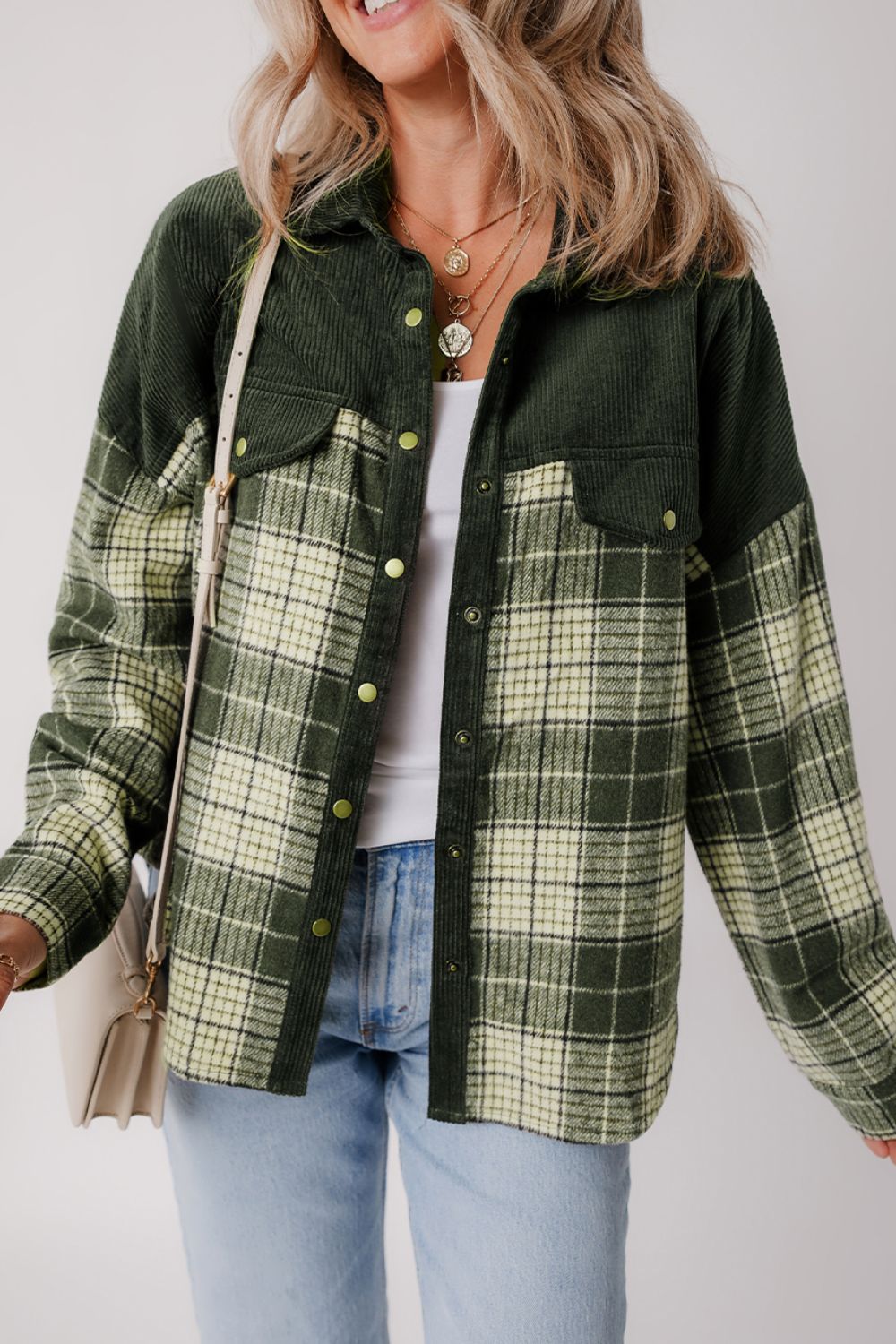 Snap Down Collared Neck Plaid Shacket-Angel Casuals
