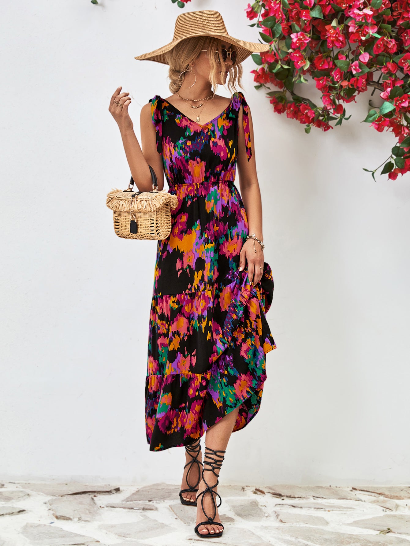 Multicolored V-Neck Backless Midi Dress-Angel Casuals