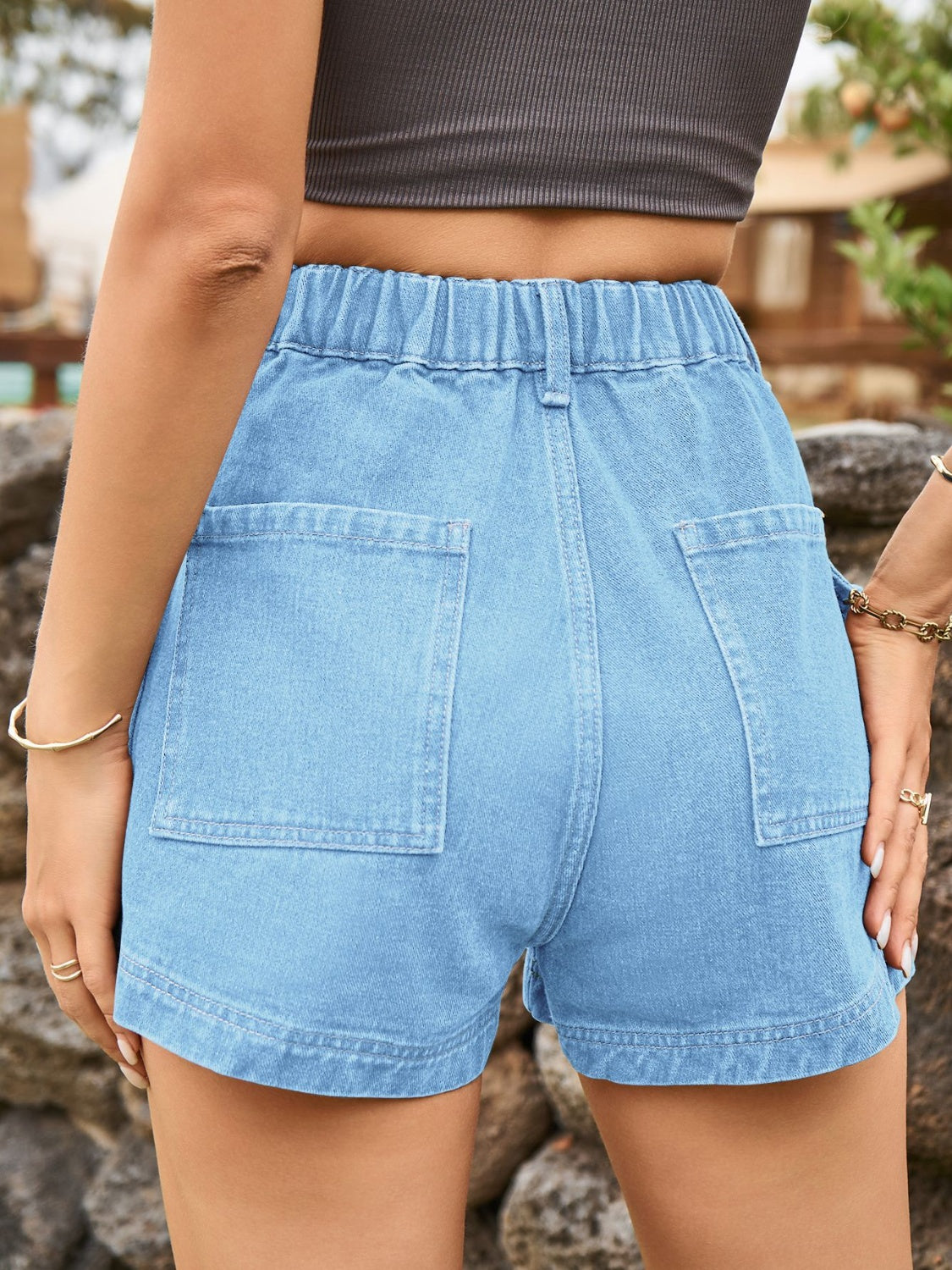 High Waist Denim Shorts with Pockets-Angel Casuals