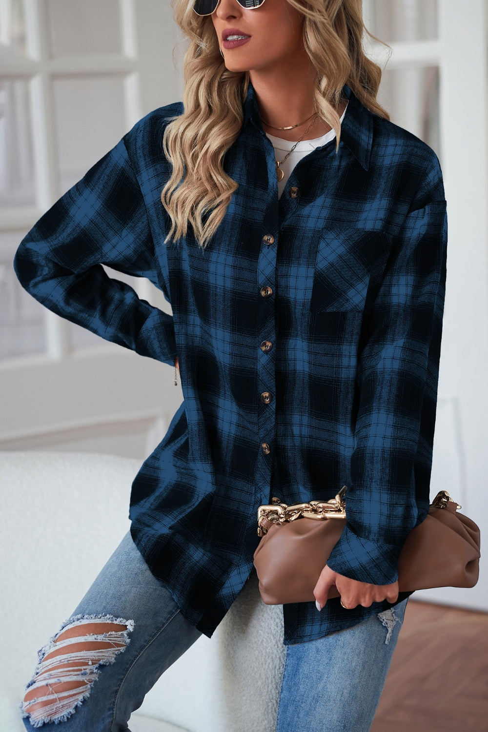 Plaid Button Up Dropped Shoulder Outerwear-Angel Casuals