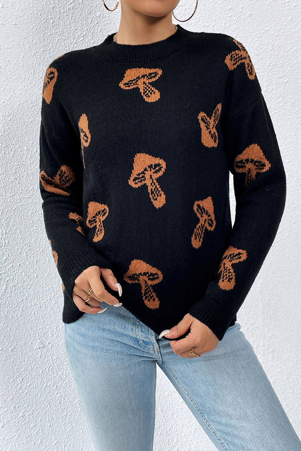 Graphic Mock Neck Dropped Shoulder Sweater-Angel Casuals