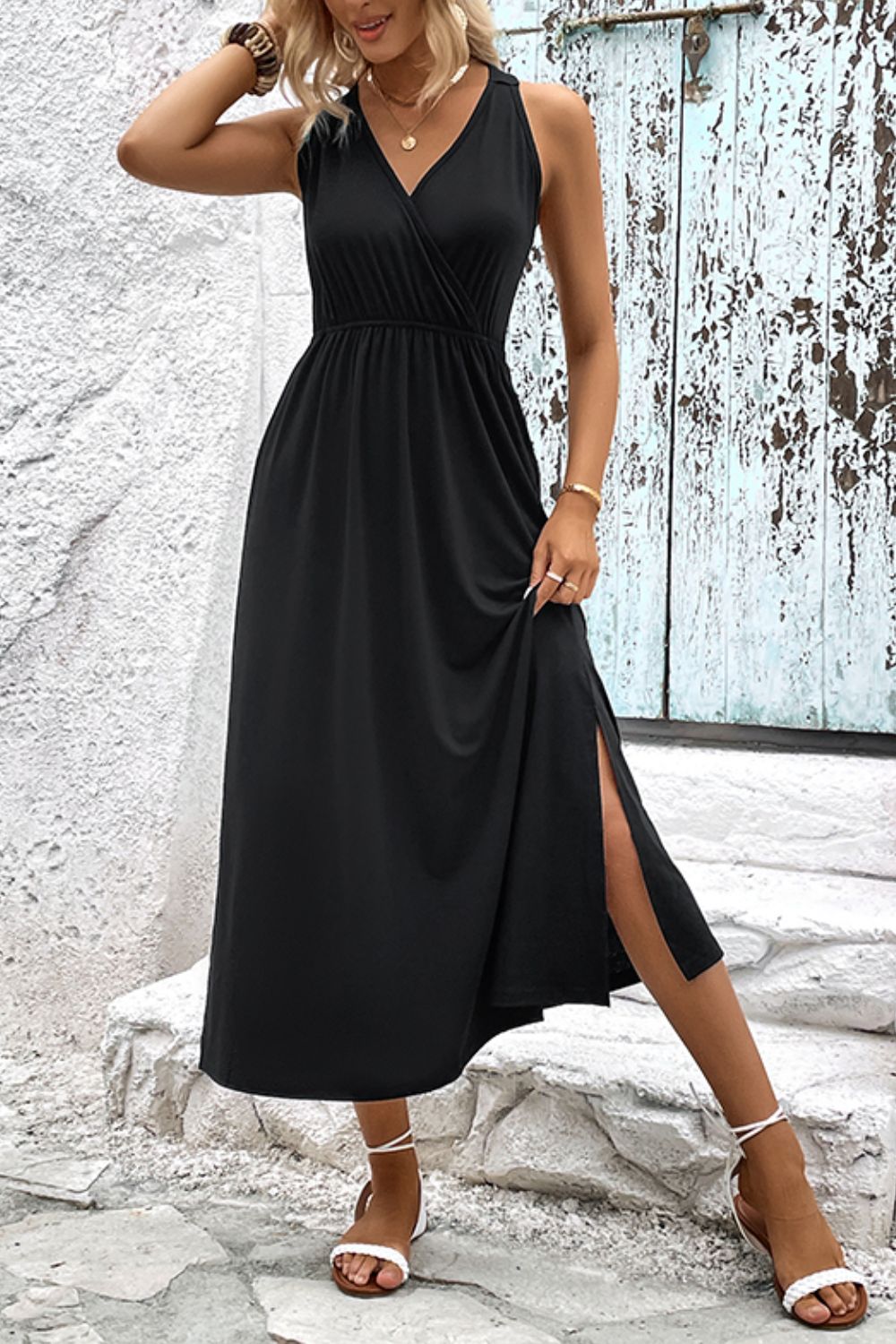 Surplice Neck Slit Sleeveless Dress-Angel Casuals