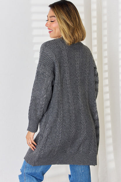 Cable-Knit Open Front Dropped Shoulder Cardigan-Angel Casuals