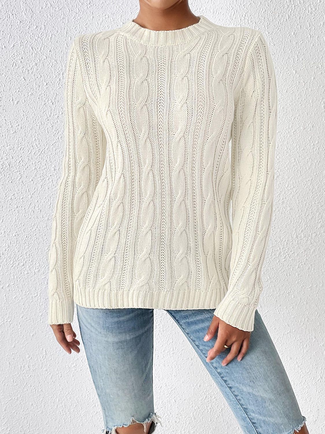 Cable-Knit Round Neck Sweater-Angel Casuals