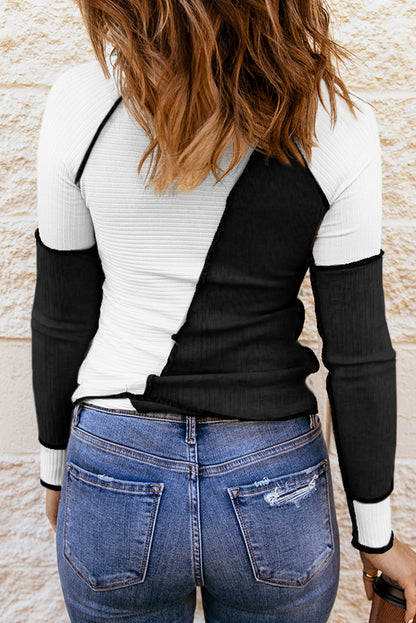 Color Block Round Neck Long Sleeve T-Shirt-Angel Casuals