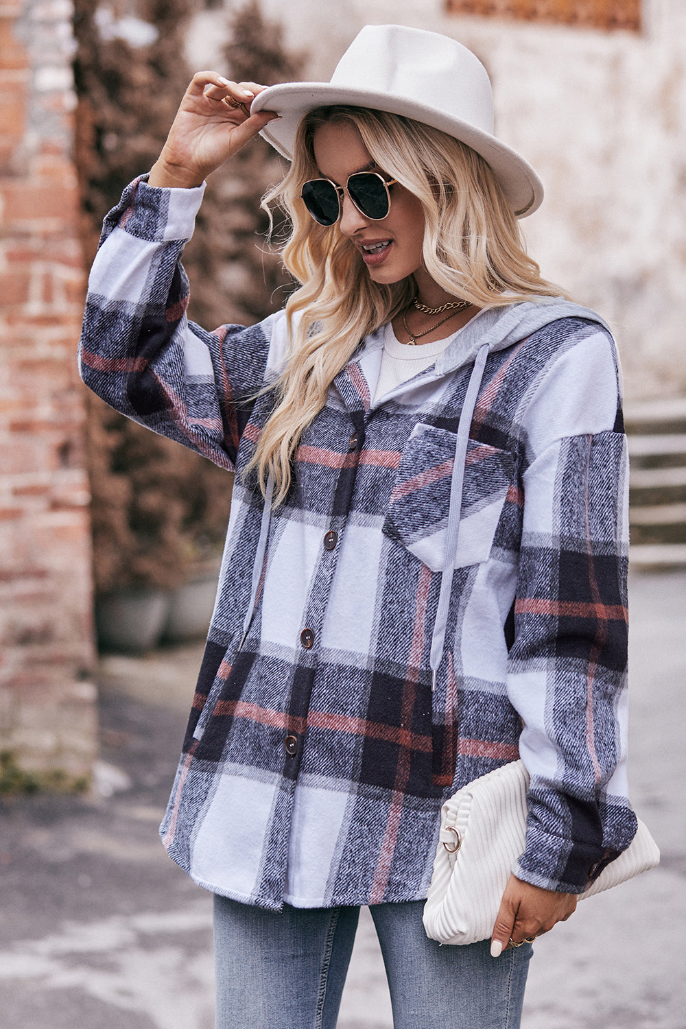 Mandy Plaid Dropped Shoulder Hooded Jacket-Angel Casuals