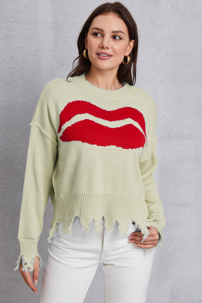 Lip Fringe Round Neck Sweater-Angel Casuals