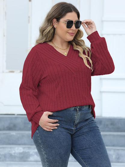 Plus Size Ribbed V-Neck Long Sleeve Top-Angel Casuals