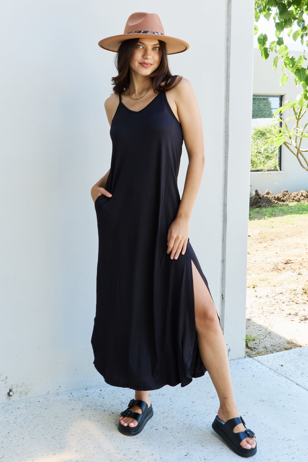 Ninexis Good Energy Full Size Cami Side Slit Maxi Dress in Black-Angel Casuals