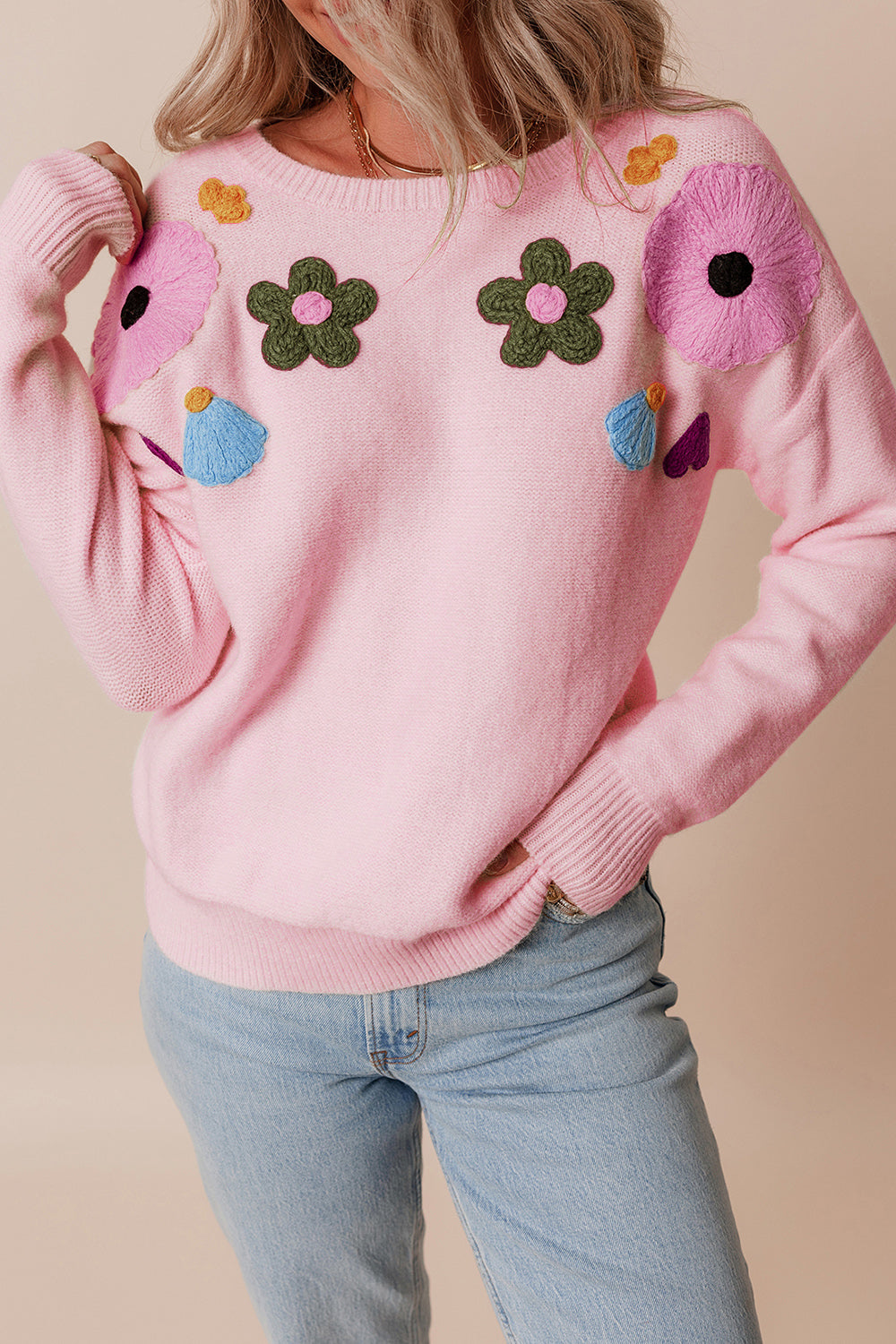 Crochet Flower Round Neck Dropped Shoulder Sweater-Angel Casuals