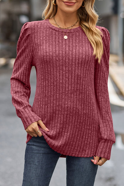 Lovelet Ribbed Round Neck Long Sleeve Knit Top-Angel Casuals