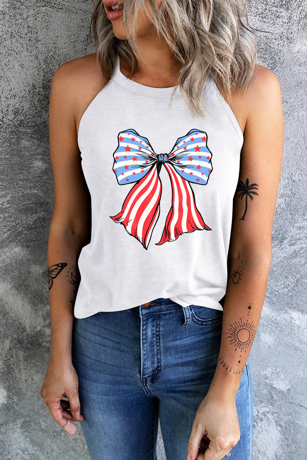 Bow Graphic Grecian Neck Tank-Angel Casuals