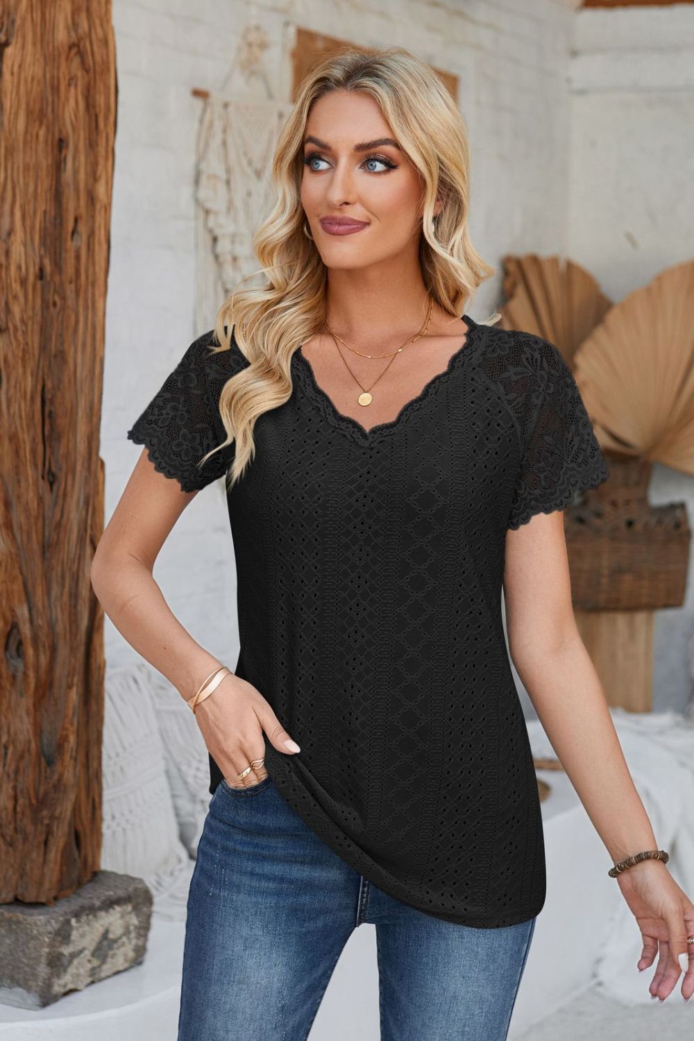Eyelet V-Neck Lace Short Sleeve T-Shirt-Angel Casuals