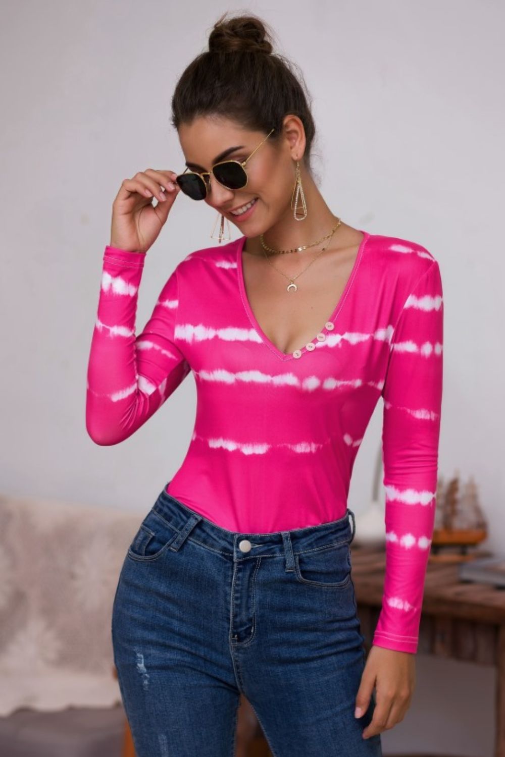 Tie-Dye Plunge Long Sleeve Top-Angel Casuals