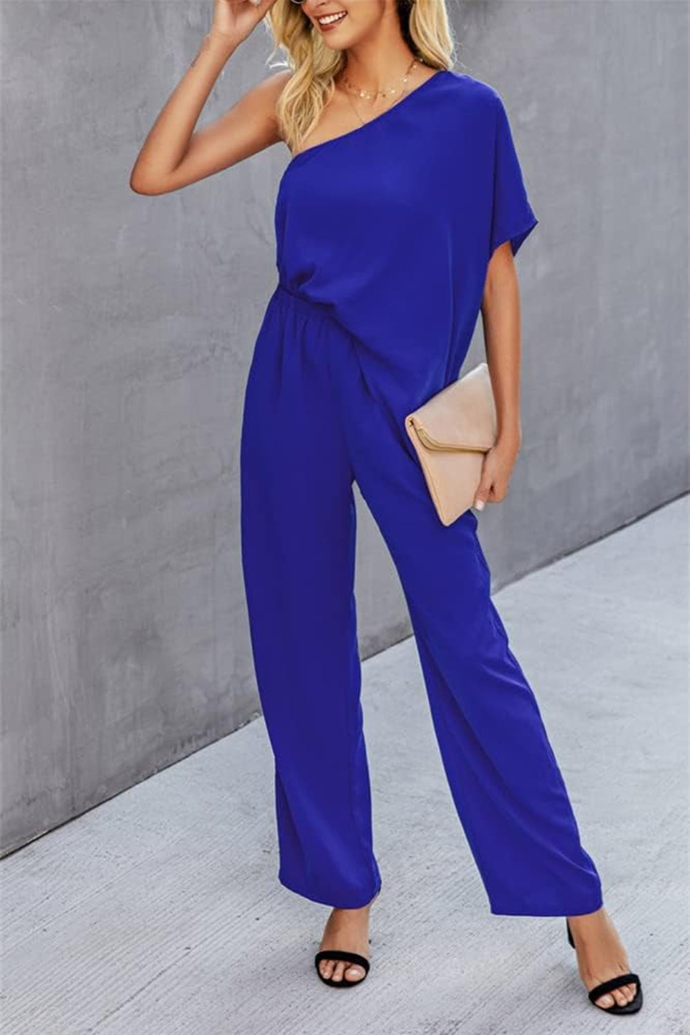 Single Shoulder Short Sleeve Jumpsuit-Angel Casuals