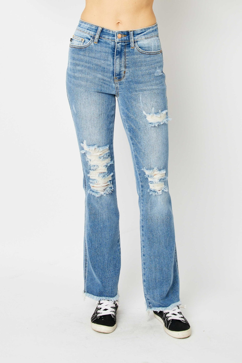 Judy Blue Full Size Distressed Raw Hem Bootcut Jeans-Angel Casuals