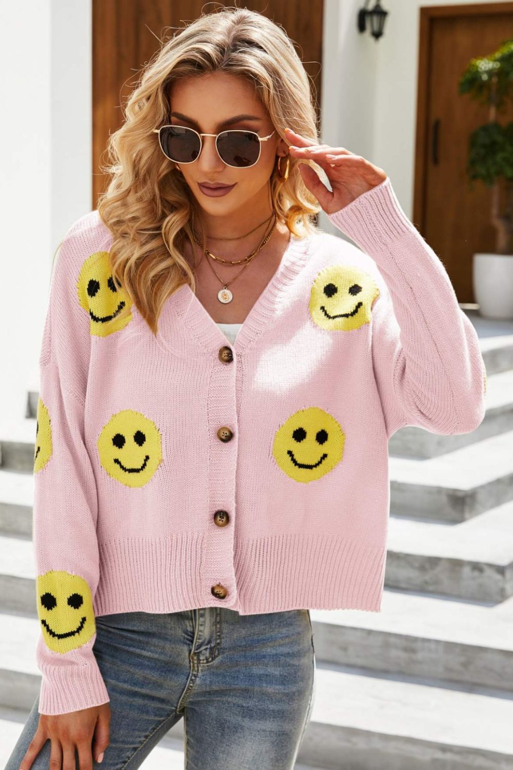 Smiley Face Ribbed Trim V-Neck Cardigan-Angel Casuals