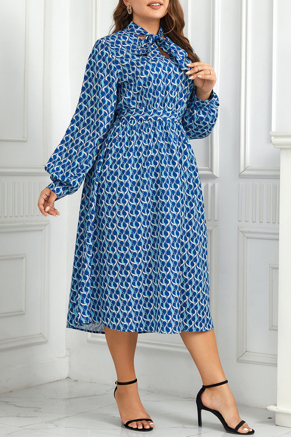 Plus Size Printed Tie Neck Midi Dress-Angel Casuals