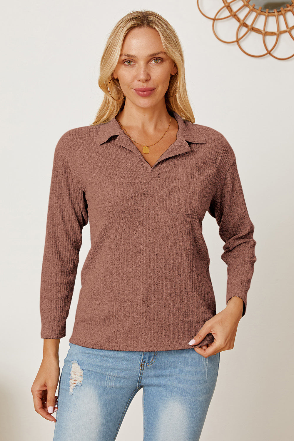 Collared Neck Dropped Shoulder T-Shirt-Angel Casuals