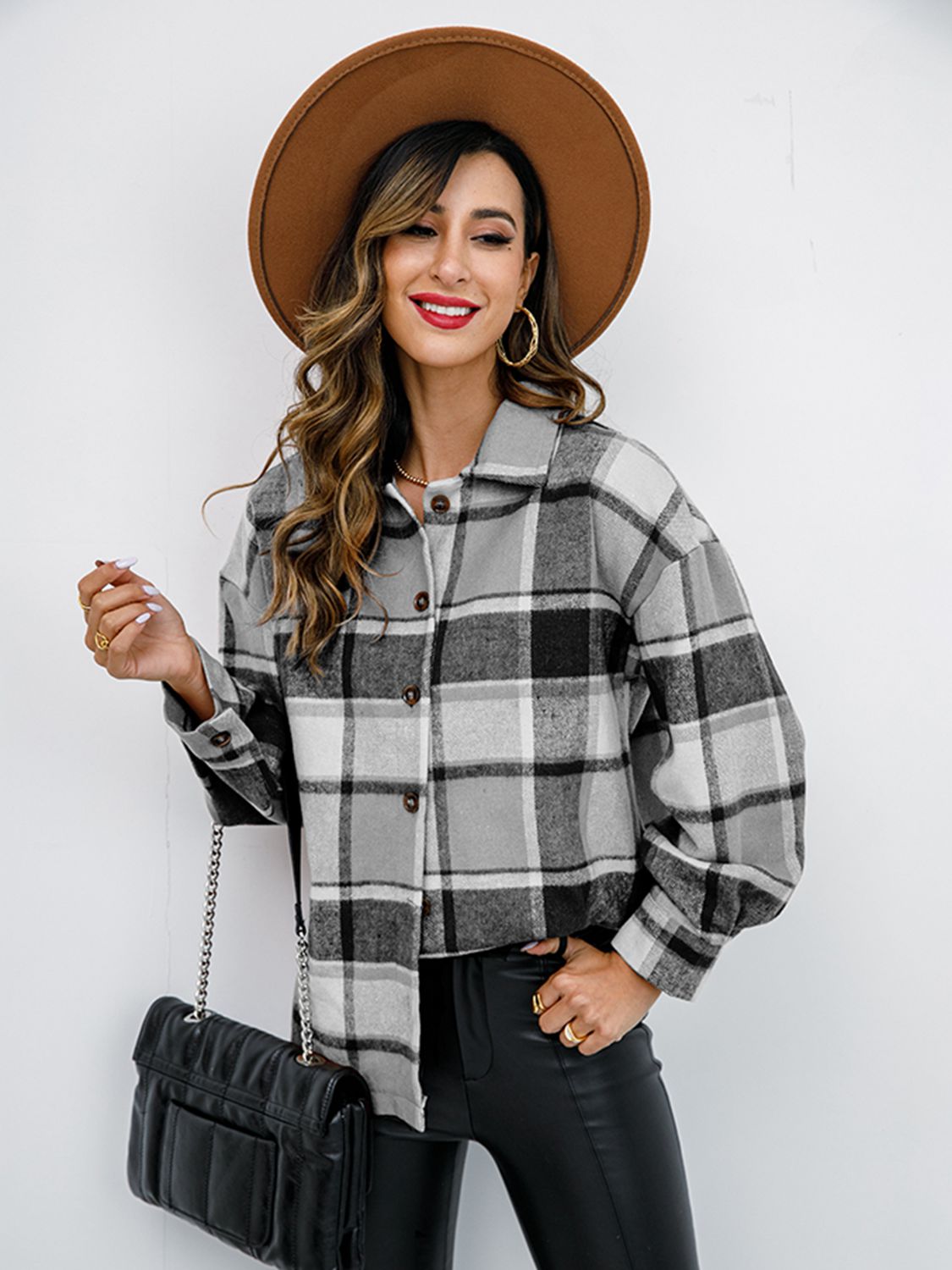 Plaid Button Up Collared Neck Jacket-Angel Casuals