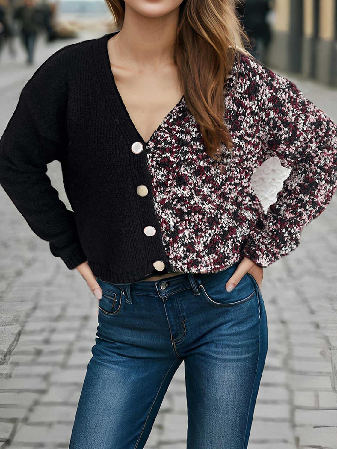 Contrast Button Up V-Neck Cropped Cardigan-Angel Casuals