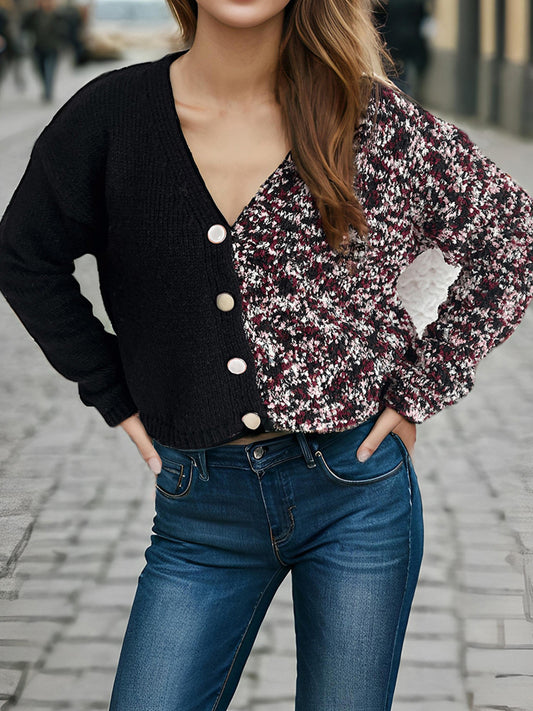 Contrast Button Up V-Neck Cropped Cardigan-Angel Casuals