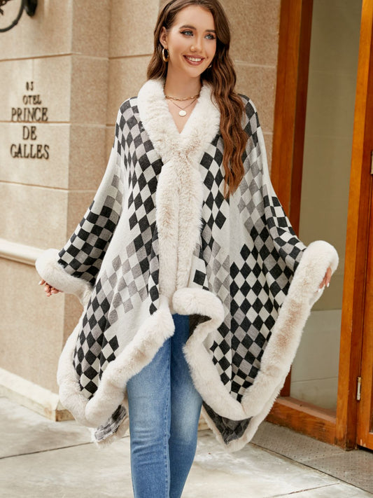 Checkered Faux Fur Trim Poncho-Angel Casuals